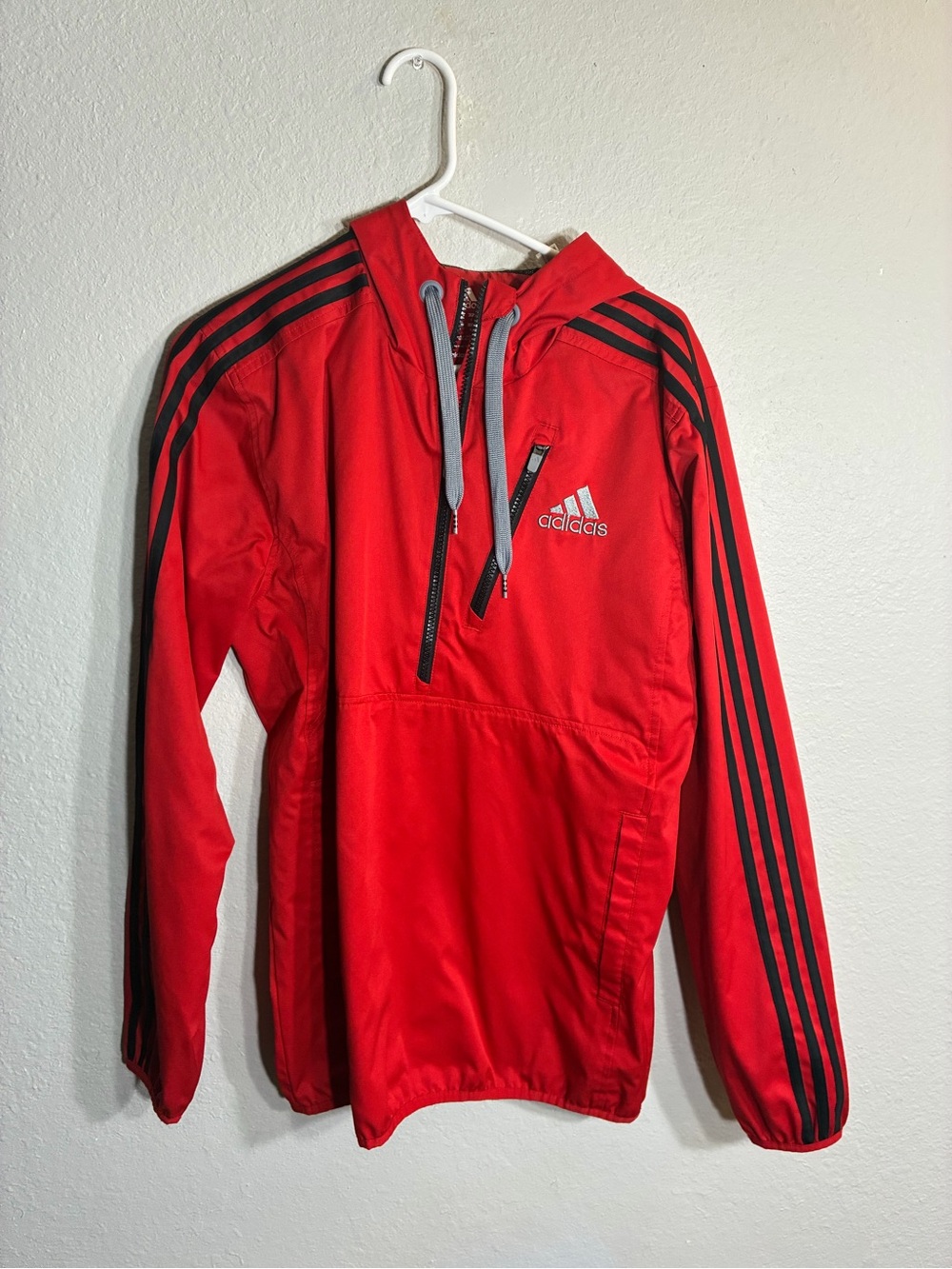 adidas Red Hooded Windbreaker with Black Stripe Detail - Quarter Zip